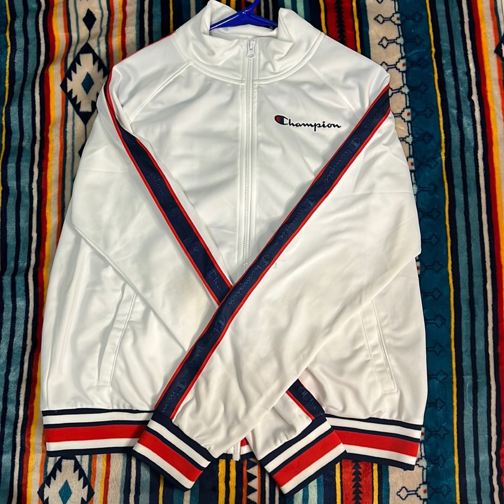 champion red white and blue zip up jacket